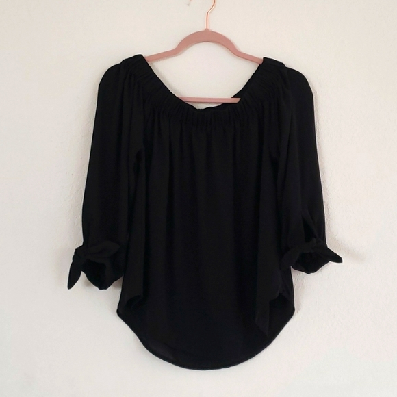NWOT Express Black Blouse Versatile Neckline w/ Adjustable Bow Ties at Sleeves - Picture 5 of 10